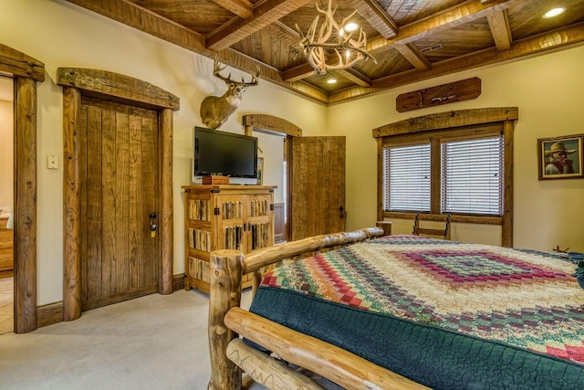 bedroom featuring light colored carpet, a chandelier, wooden ceiling, coffered ceiling, and baseboards