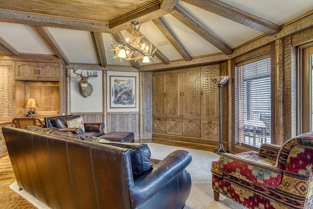 carpeted living room featuring vaulted ceiling with beams and an inviting chandelier