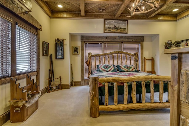 carpeted bedroom with wooden ceiling, recessed lighting, coffered ceiling, baseboards, and beamed ceiling