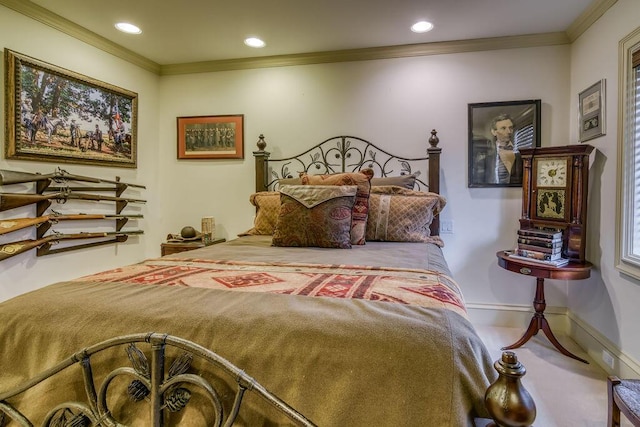 bedroom with baseboards, ornamental molding, and recessed lighting