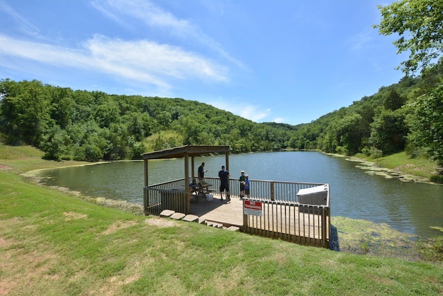 view of dock featuring a water view and a forest view