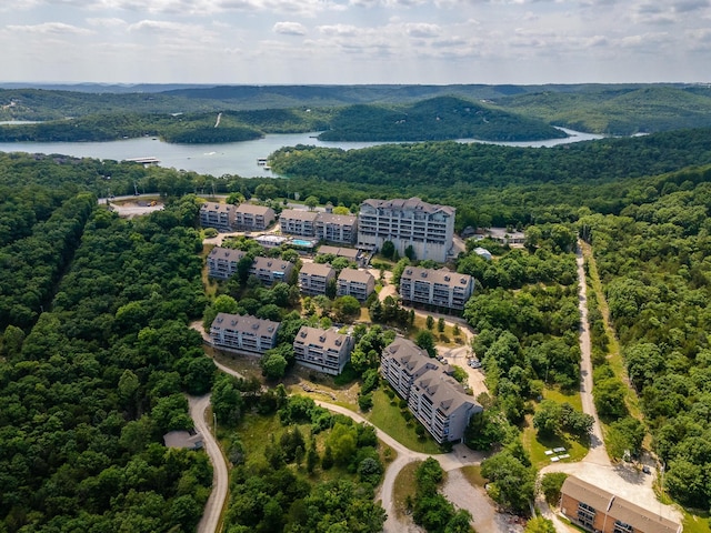 bird's eye view with a water view and a view of trees