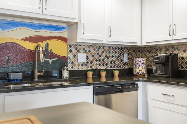 kitchen featuring decorative backsplash, white cabinetry, a sink, and stainless steel dishwasher