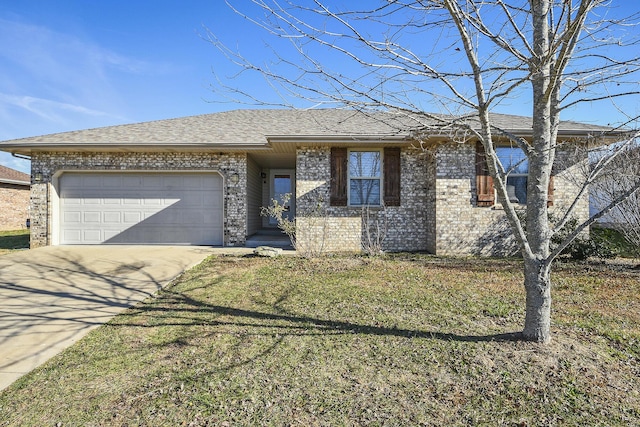 ranch-style home featuring an attached garage, a shingled roof, brick siding, driveway, and a front lawn