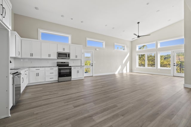 kitchen featuring plenty of natural light, a high ceiling, stainless steel appliances, and open floor plan