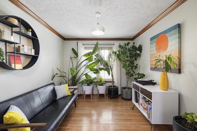 sitting room featuring crown molding, a textured ceiling, and wood finished floors