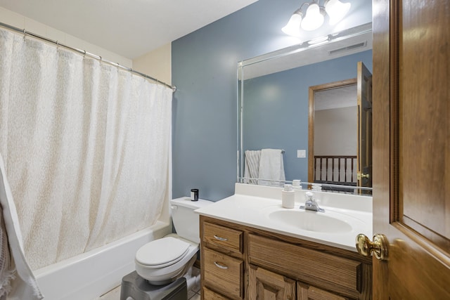 full bathroom featuring visible vents, vanity, toilet, and shower / bathtub combination with curtain