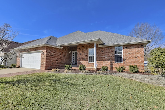 ranch-style home featuring brick siding, roof with shingles, and a front yard