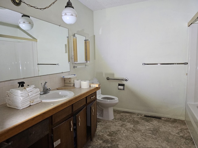 bathroom featuring a tub to relax in, a shower, toilet, vanity, and backsplash