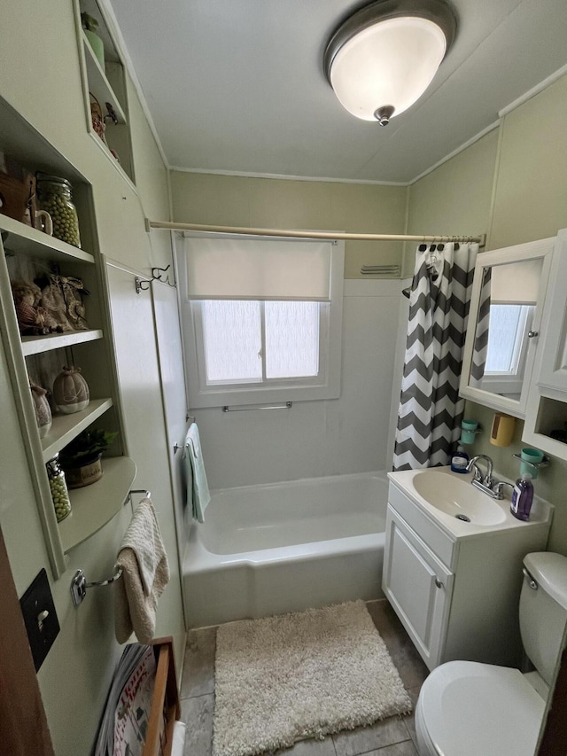 full bath featuring toilet, shower / tub combo, and vanity