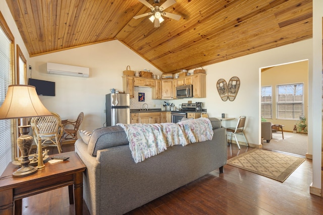 living room with a ceiling fan, lofted ceiling, wooden ceiling, dark wood-style flooring, and a wall mounted AC