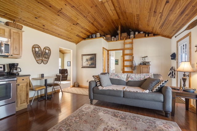 living area featuring wooden ceiling, baseboards, vaulted ceiling, a wealth of natural light, and dark wood finished floors