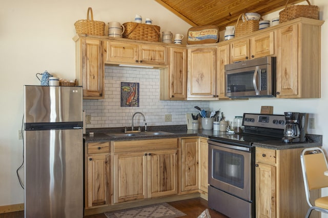 kitchen with tasteful backsplash, dark countertops, wood ceiling, appliances with stainless steel finishes, and a sink