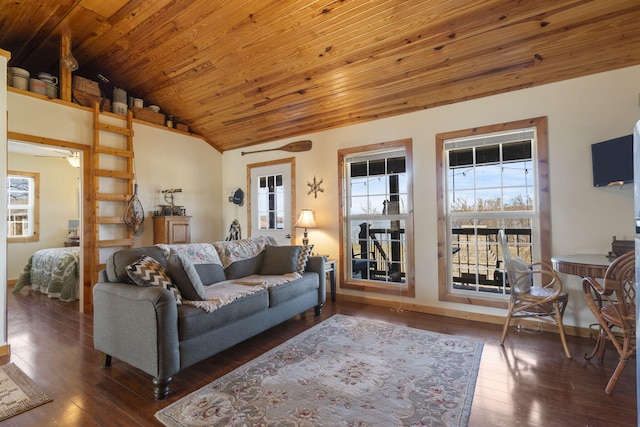 living room with lofted ceiling, wood-type flooring, wood ceiling, and baseboards