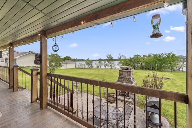LOT19 Edwards Dr, Shell Knob, MO 65747 - wooden terrace with a fireplace, a water view, and a lawn