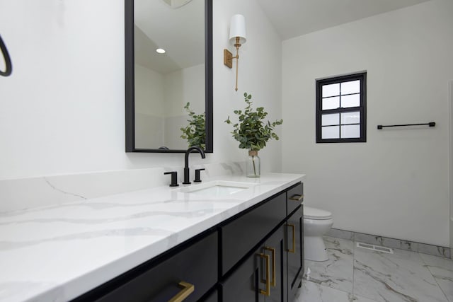 bathroom featuring marble finish floor, recessed lighting, visible vents, toilet, and vanity