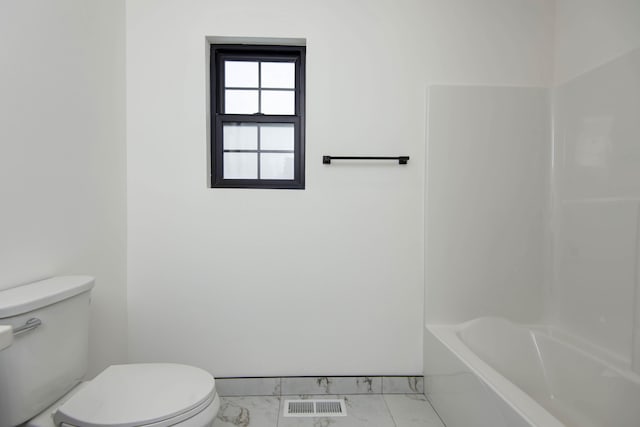 full bathroom with visible vents, toilet, marble finish floor, a bathtub, and walk in shower