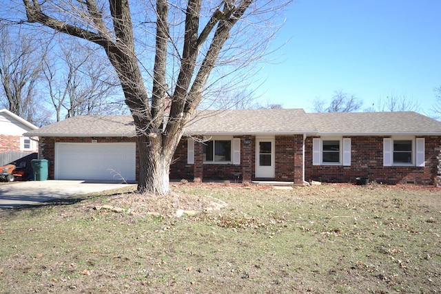 ranch-style house featuring a garage, brick siding, driveway, and a shingled roof