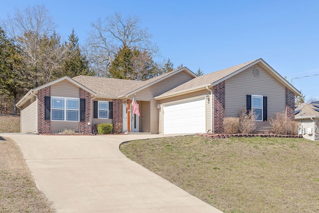 single story home with brick siding, roof with shingles, concrete driveway, a garage, and a front lawn