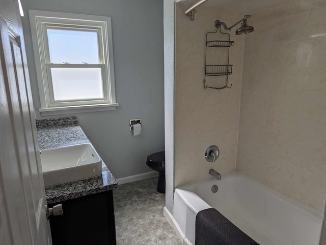 bathroom with  shower combination, baseboards, vanity, and toilet