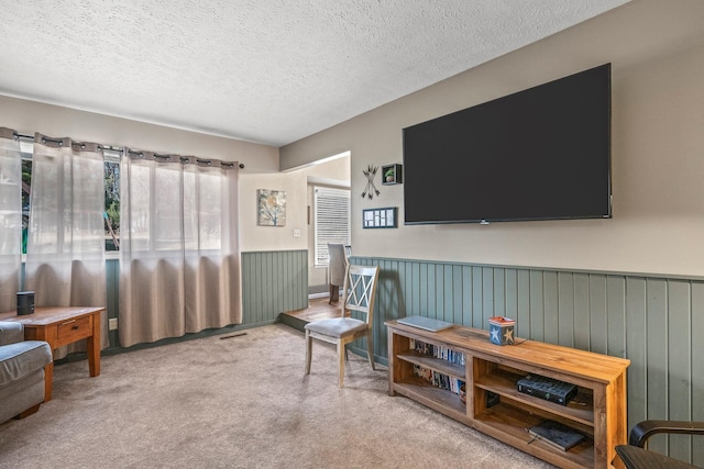 living area featuring a wainscoted wall, carpet, and a textured ceiling