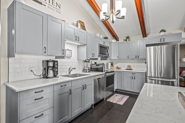 kitchen with gray cabinets, lofted ceiling with beams, decorative backsplash, appliances with stainless steel finishes, and a sink