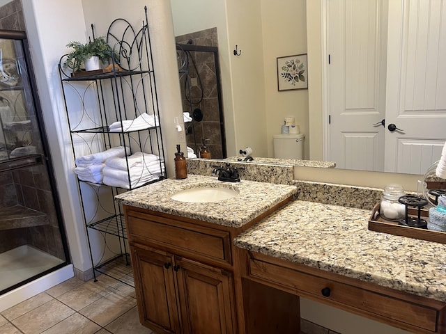 bathroom featuring tile patterned flooring, a shower stall, and vanity