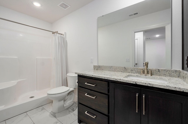 full bath featuring a stall shower, visible vents, toilet, marble finish floor, and vanity