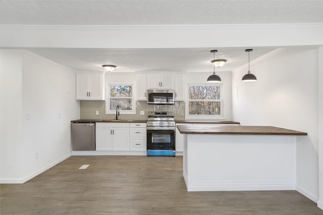 kitchen featuring stainless steel appliances, wood finished floors, a sink, white cabinetry, and wooden counters