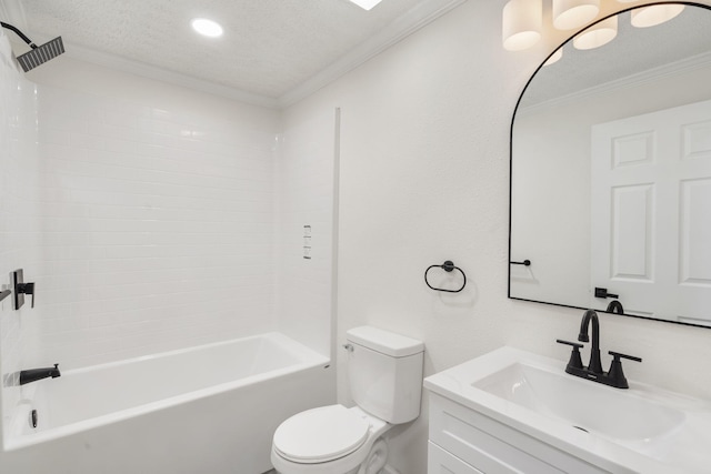 bathroom featuring crown molding, a textured ceiling, toilet, and vanity