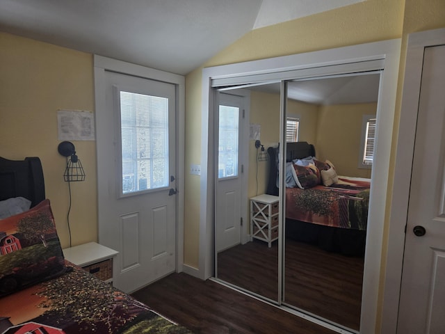 interior space featuring dark wood-style floors and lofted ceiling