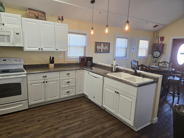 kitchen with a wealth of natural light, white appliances, a sink, and dark wood finished floors