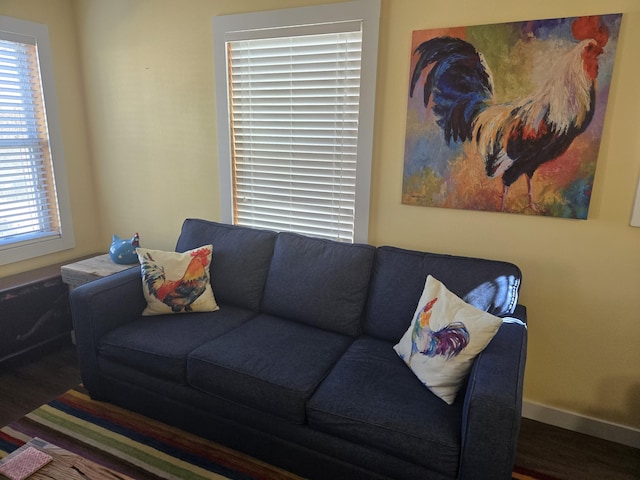 living area with plenty of natural light, wood finished floors, and baseboards