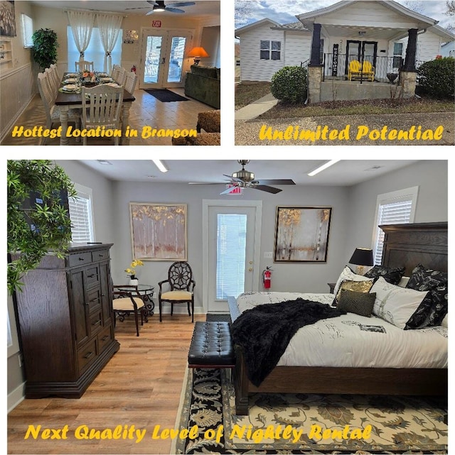 bedroom with access to outside, wood finished floors, and baseboards