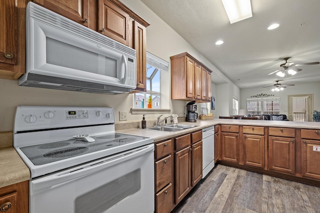 kitchen with brown cabinetry, white appliances, a sink, and wood finished floors