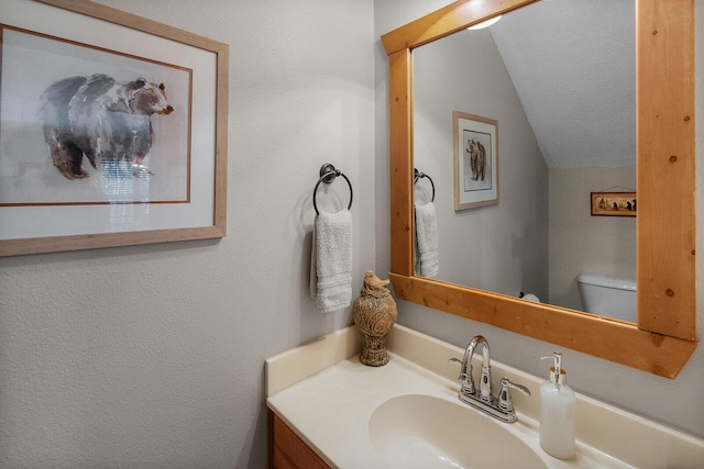 half bathroom with vaulted ceiling, a textured wall, toilet, and vanity