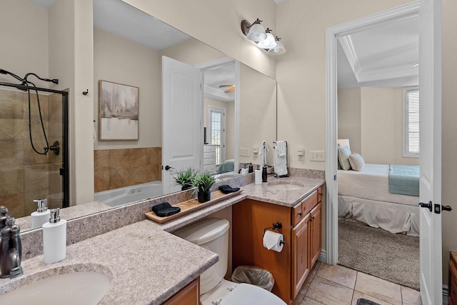 ensuite bathroom featuring a stall shower, ensuite bath, tile patterned flooring, crown molding, and vanity