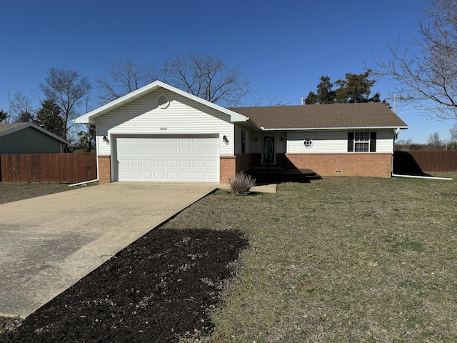 ranch-style home featuring an attached garage, brick siding, fence, driveway, and crawl space