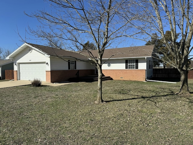 ranch-style home featuring driveway, an attached garage, fence, a front lawn, and brick siding