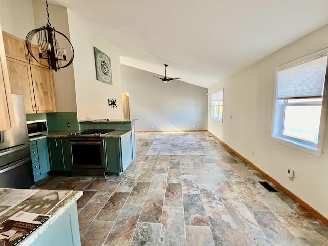 109 Lancashire Dr, Branson, MO 65616 - kitchen featuring baseboards, visible vents, ceiling fan with notable chandelier, and appliances with stainless steel finishes