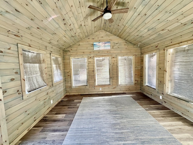 109 Lancashire Dr, Branson, MO 65616 - interior space featuring wooden ceiling, wood finished floors, wood walls, lofted ceiling, and ceiling fan