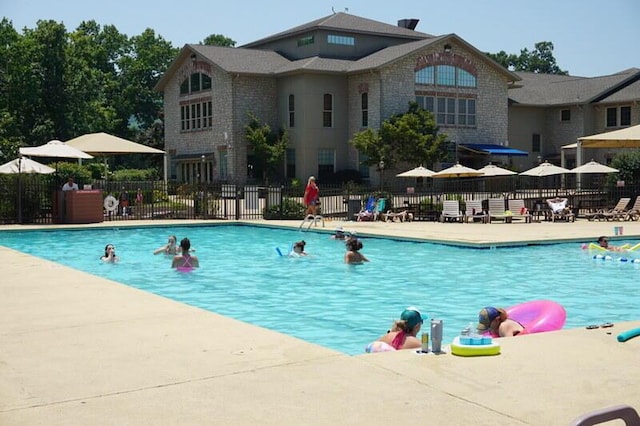 view of pool featuring fence and a patio