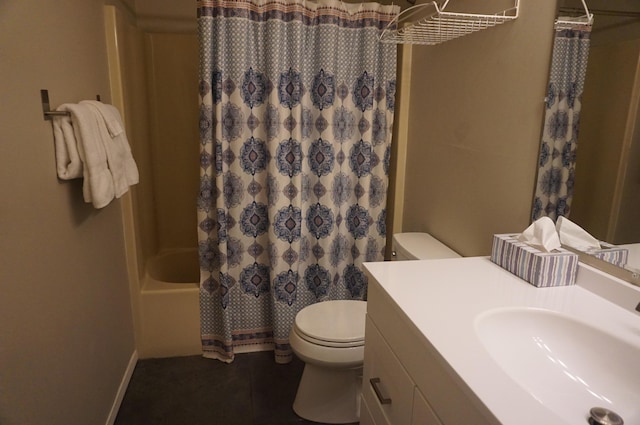 full bath with toilet, tile patterned floors, shower / bath combo, and vanity