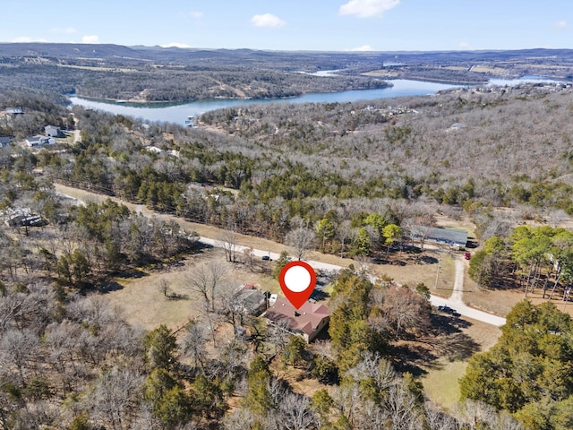 birds eye view of property with a water view and a wooded view