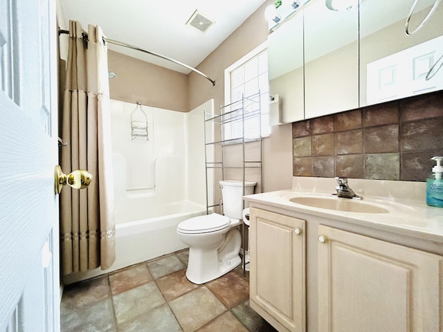 full bathroom with toilet, vanity, visible vents, tasteful backsplash, and washtub / shower combination