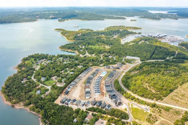 bird's eye view with a water view and a view of trees