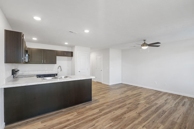 kitchen featuring dark brown cabinetry, visible vents, stove, a peninsula, and a sink