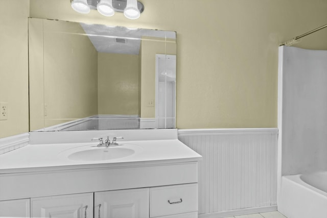 bathroom with a bathing tub, a wainscoted wall, vanity, a shower, and radiator heating unit