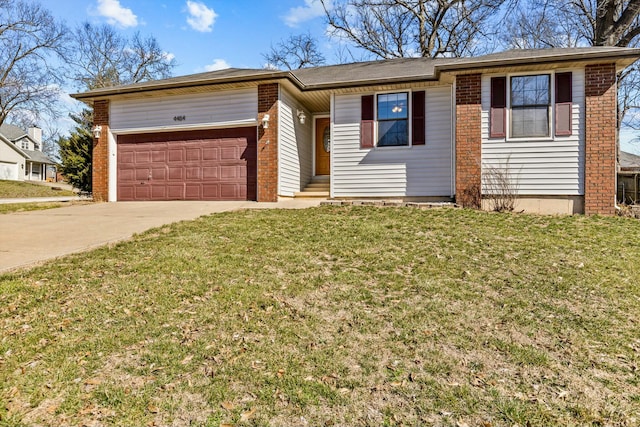 ranch-style home with an attached garage, driveway, brick siding, and a front yard