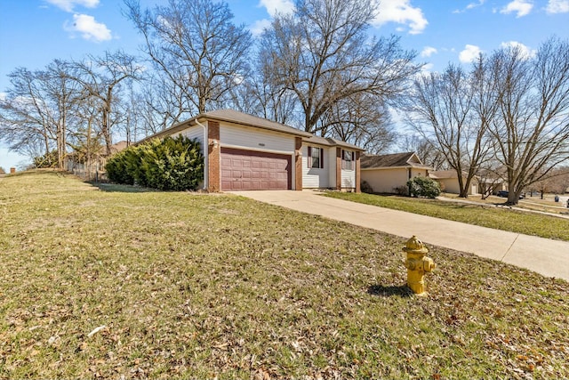 view of front of property featuring a garage, concrete driveway, brick siding, and a front lawn